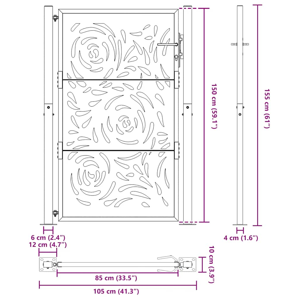 Poarta de gradina neagra 105x155 cm design flacara din otel