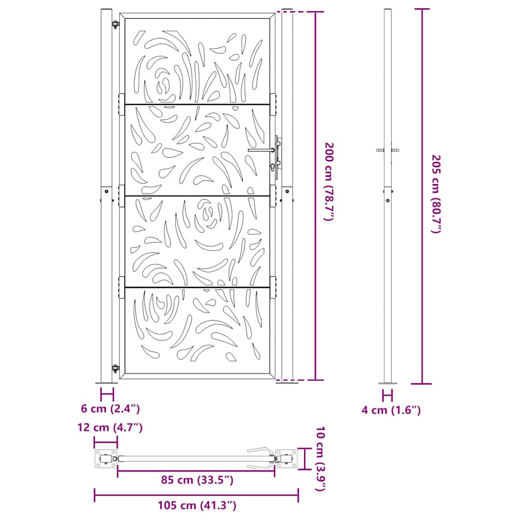 Poarta de gradina neagra 105x205 cm design flacara din otel