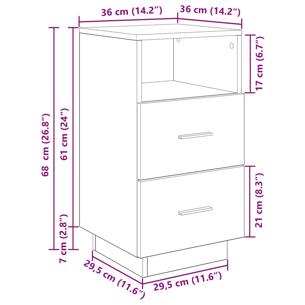 Noptiera cu 2 sertare stejar afumat 36x36x68 cm