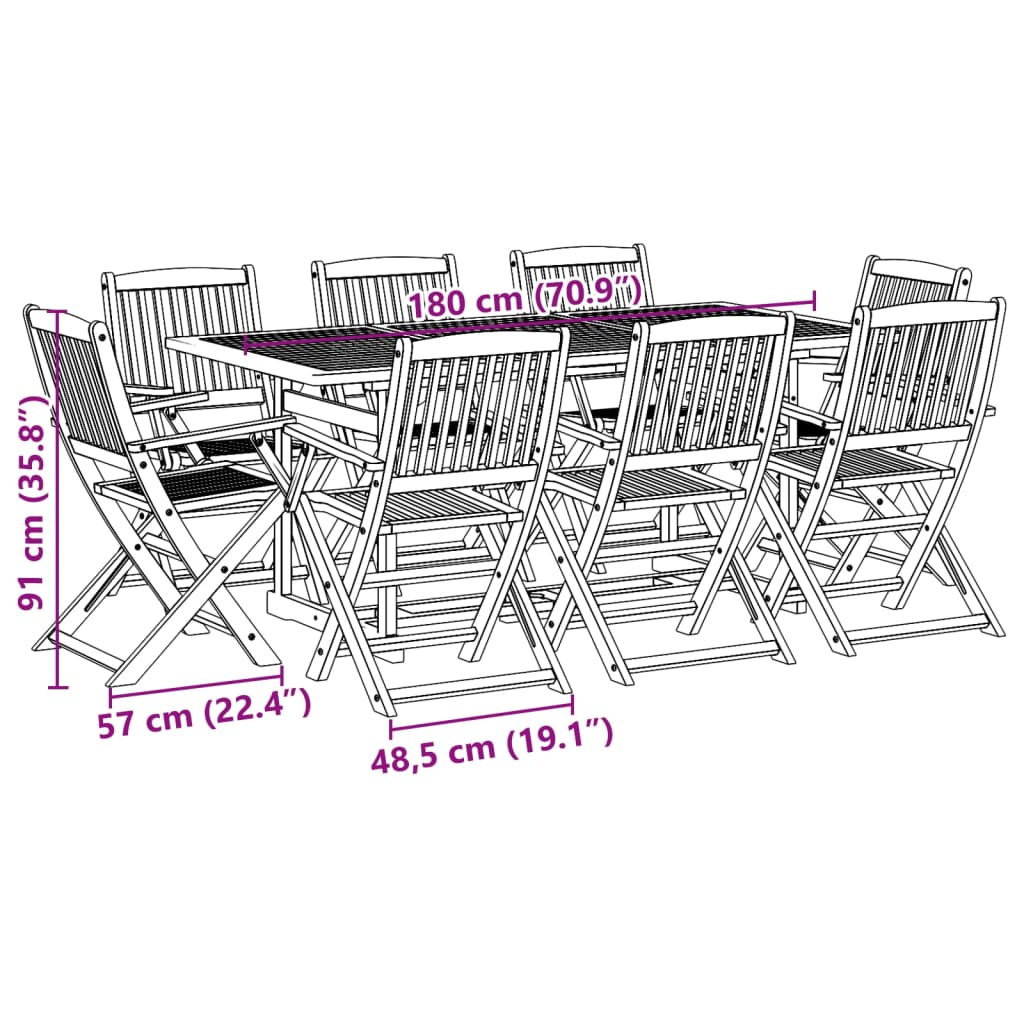 Set mobilier de grădină 9 piese 180x90x75 cm, lemn masiv acacia