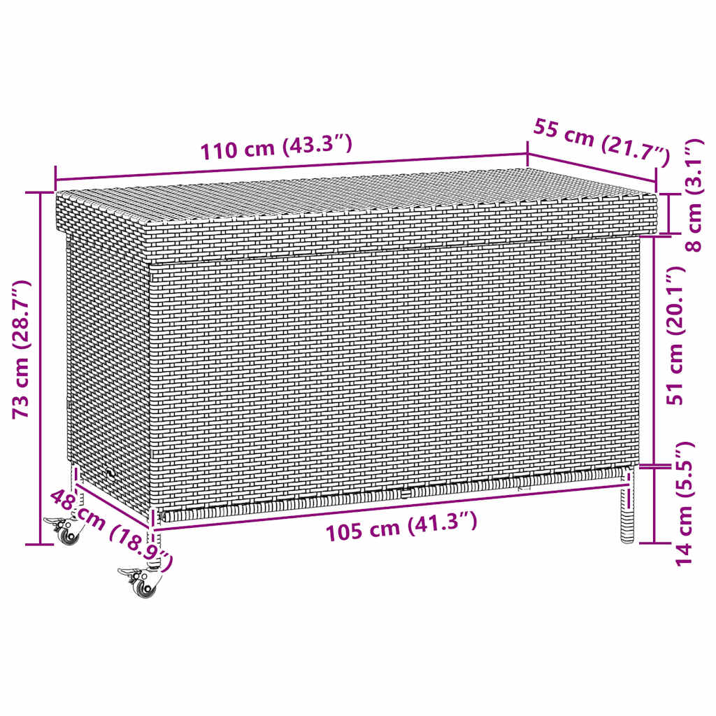 Ladă depozitare de grădină cu roți, maro 110x55x73 cm poliratan