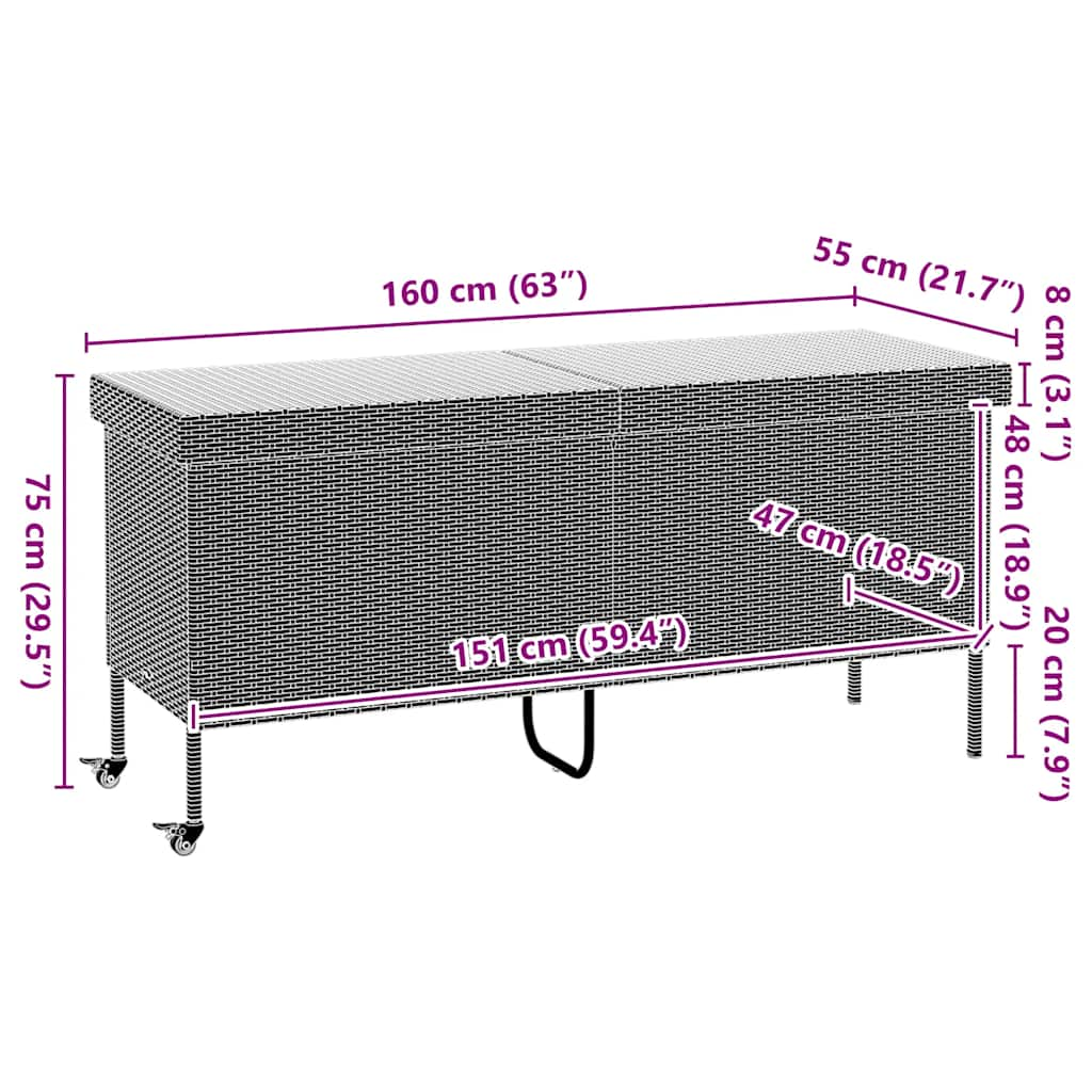 Ladă depozitare de grădină cu roți, gri 160x55x75 cm poliratan