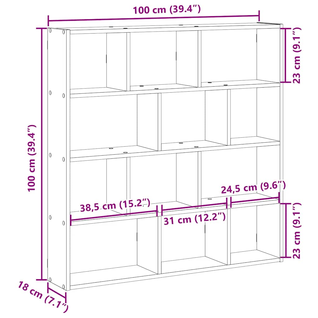 Raft cubic de perete cu 12 compartimente negru lemn prelucrat