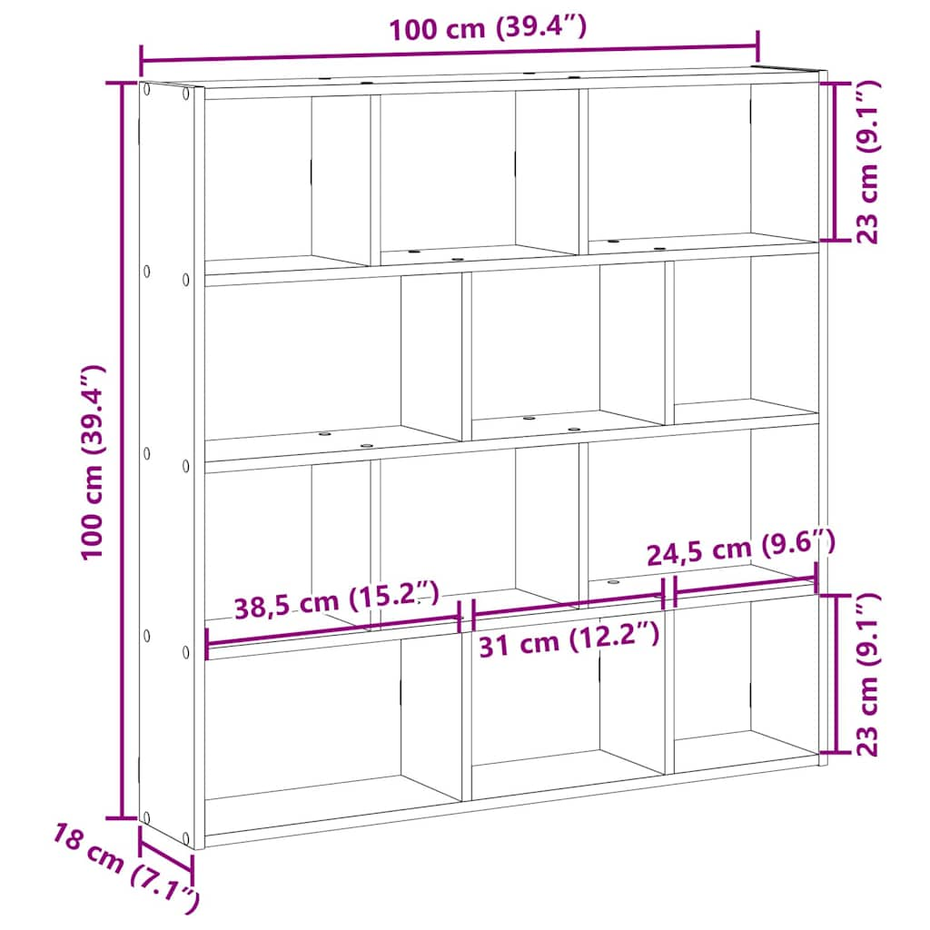 Raft cubic perete 12 compartimente stejar sonoma lemn prelucrat