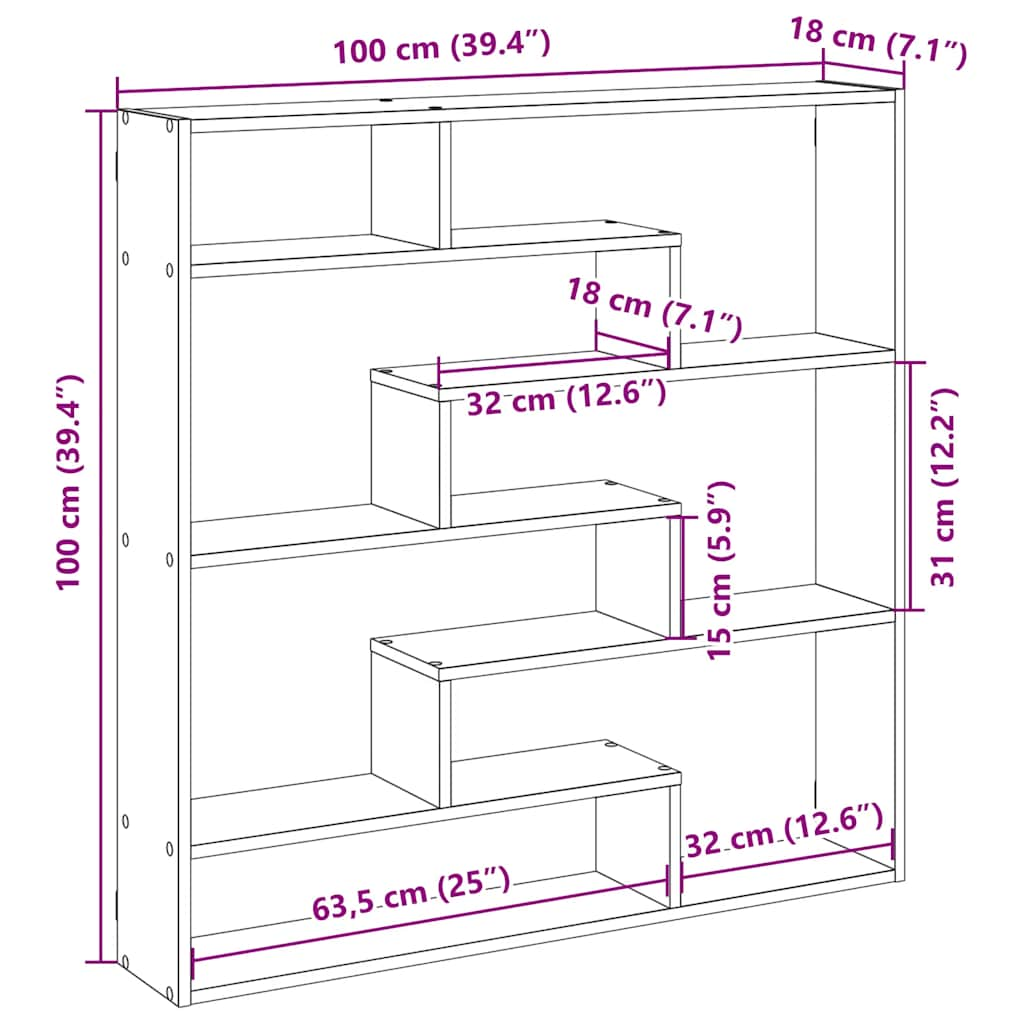 Raft cubic perete 7 compartimente stejar sonoma lemn prelucrat