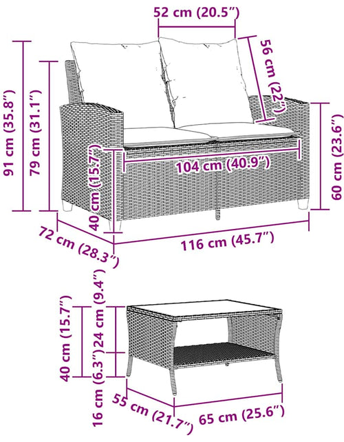Încărcați imaginea în vizualizatorul Galerie, Canapea de grădină cu 2 locuri cu perne și masă, polirattan bej
