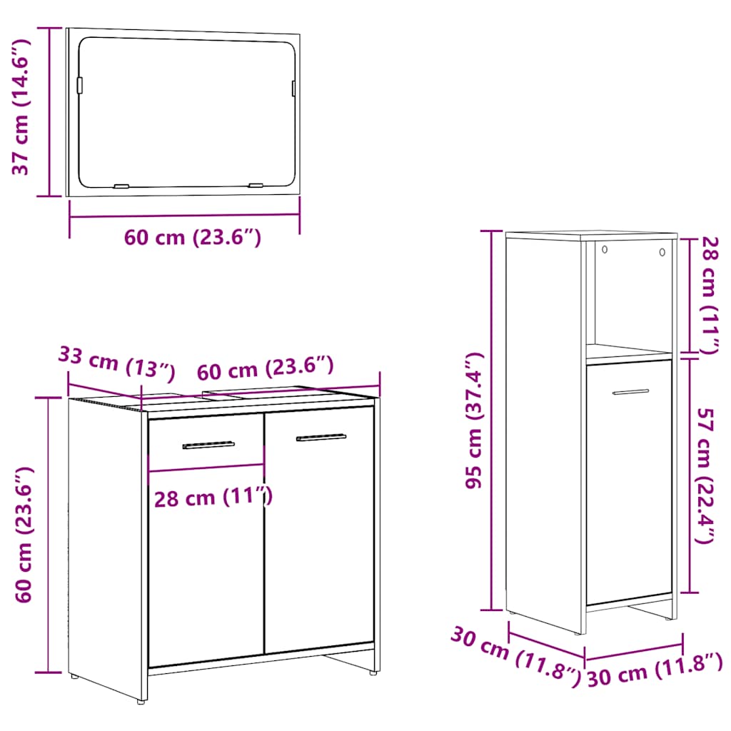 Set mobilier de baie, 3 piese, gri beton, lemn compozit