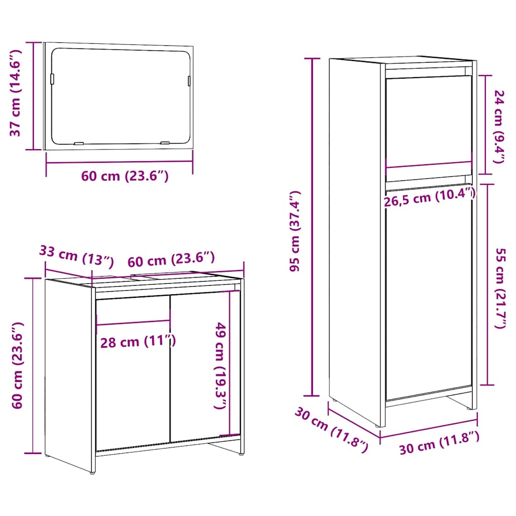 Set mobilier de baie, 3 piese, gri beton, lemn compozit