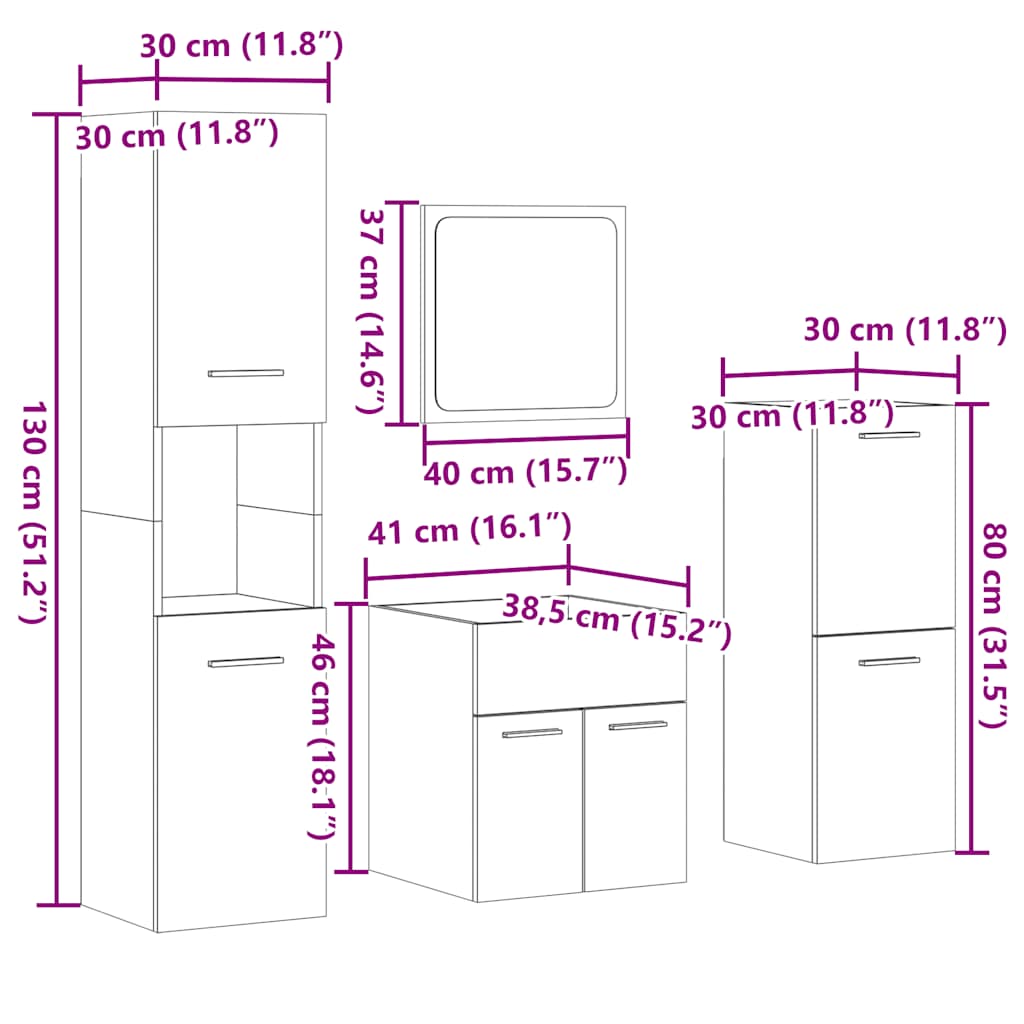 Set mobilier de baie, 4 piese, gri beton, lemn compozit