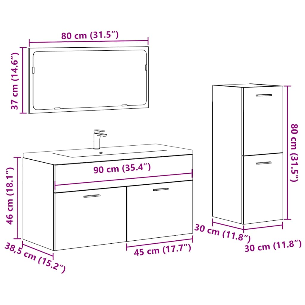 Set mobilier de baie, 3 piese, gri beton, lemn compozit