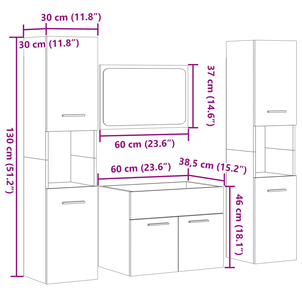 Set mobilier de baie, 4 piese, gri beton, lemn compozit