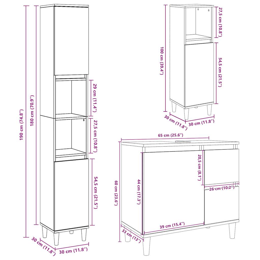 Set mobilier de baie, 3 piese, gri beton, lemn compozit