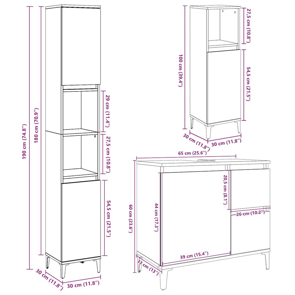 Set mobilier de baie, 3 piese, gri beton, lemn compozit