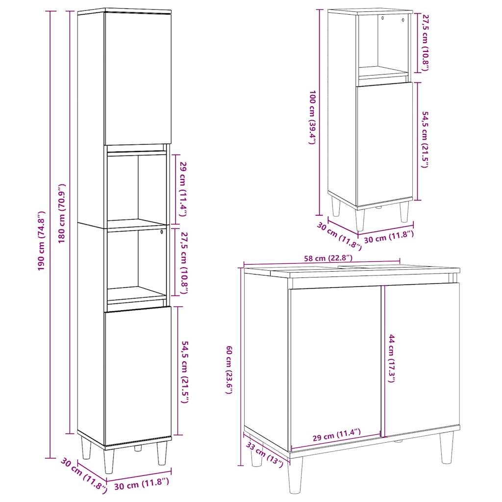 Set mobilier de baie, 3 piese, gri beton, lemn compozit