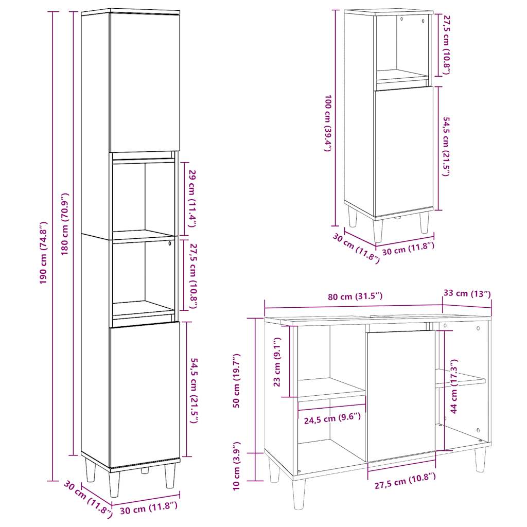 Set mobilier de baie, 3 piese, gri beton, lemn compozit