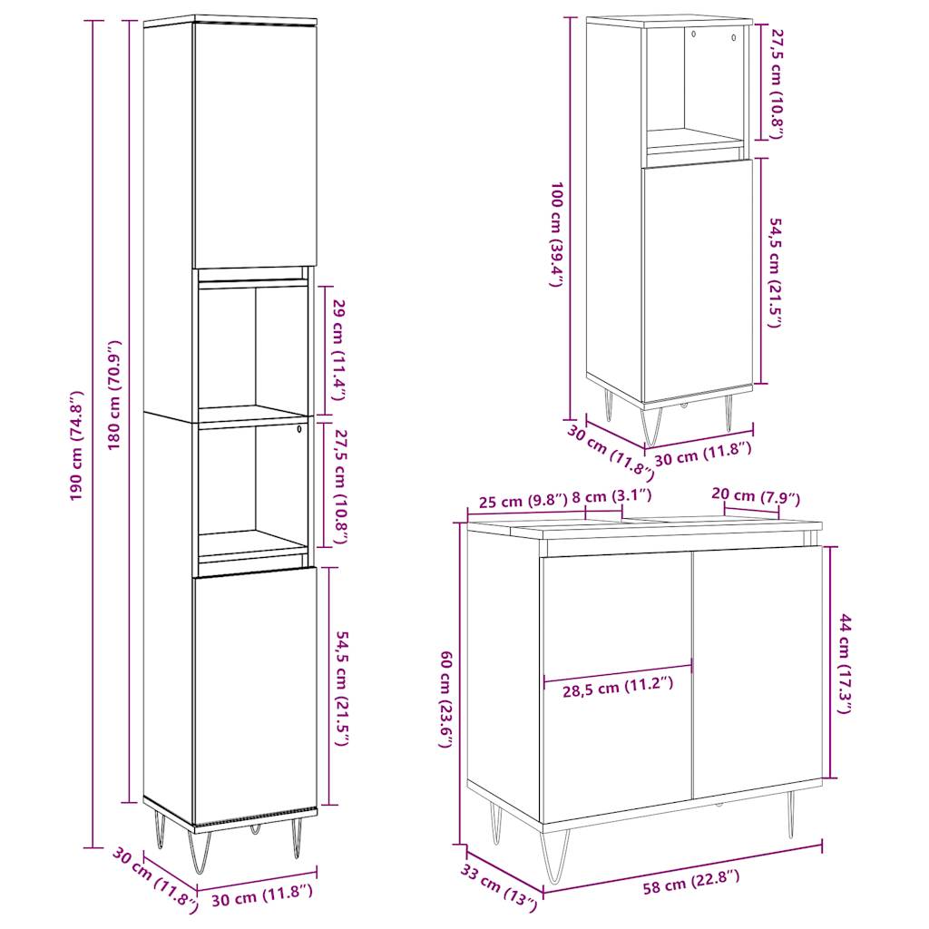 Set mobilier de baie, 3 piese, gri beton, lemn compozit