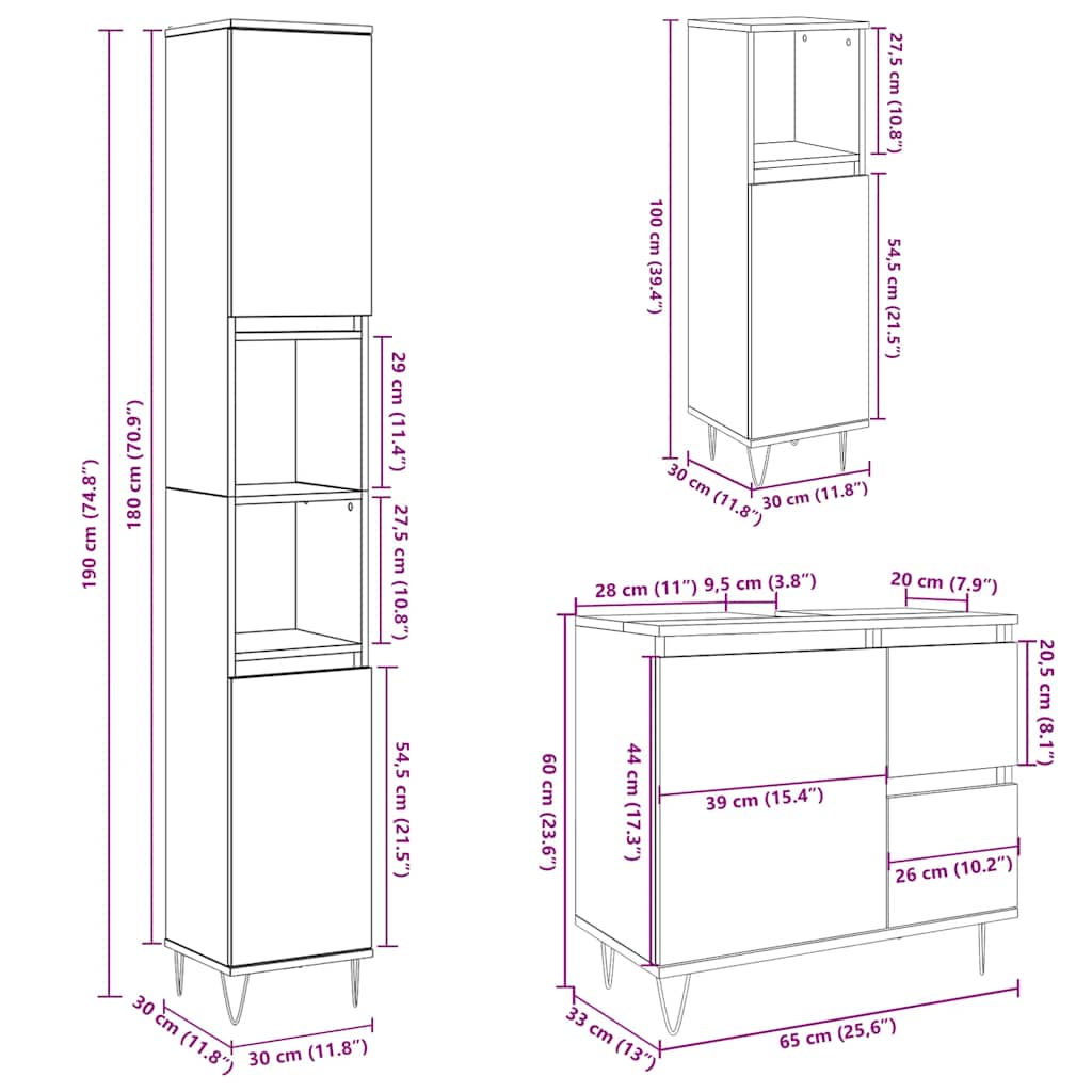 Set mobilier de baie, 3 piese, gri beton, lemn compozit