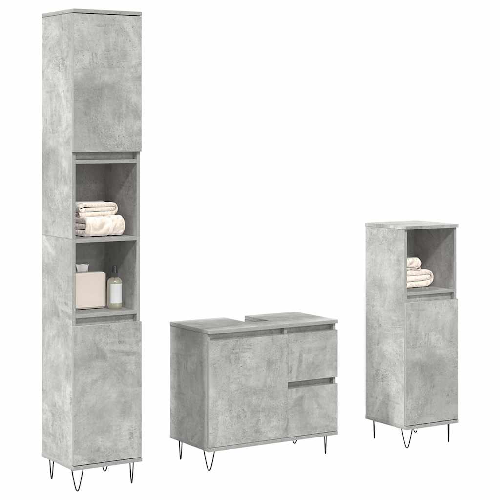 Set mobilier de baie, 3 piese, gri beton, lemn compozit