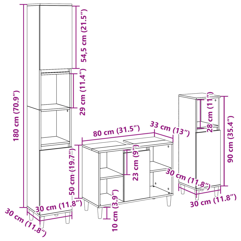 Set mobilier de baie, 3 piese, stejar sonoma, lemn prelucrat