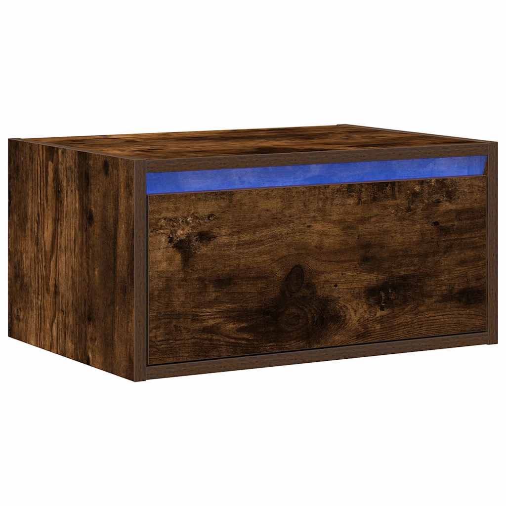 Noptieră montată pe perete cu lumini LED, stejar fumuriu
