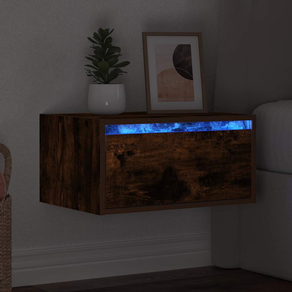 Noptieră montată pe perete cu lumini LED, stejar fumuriu