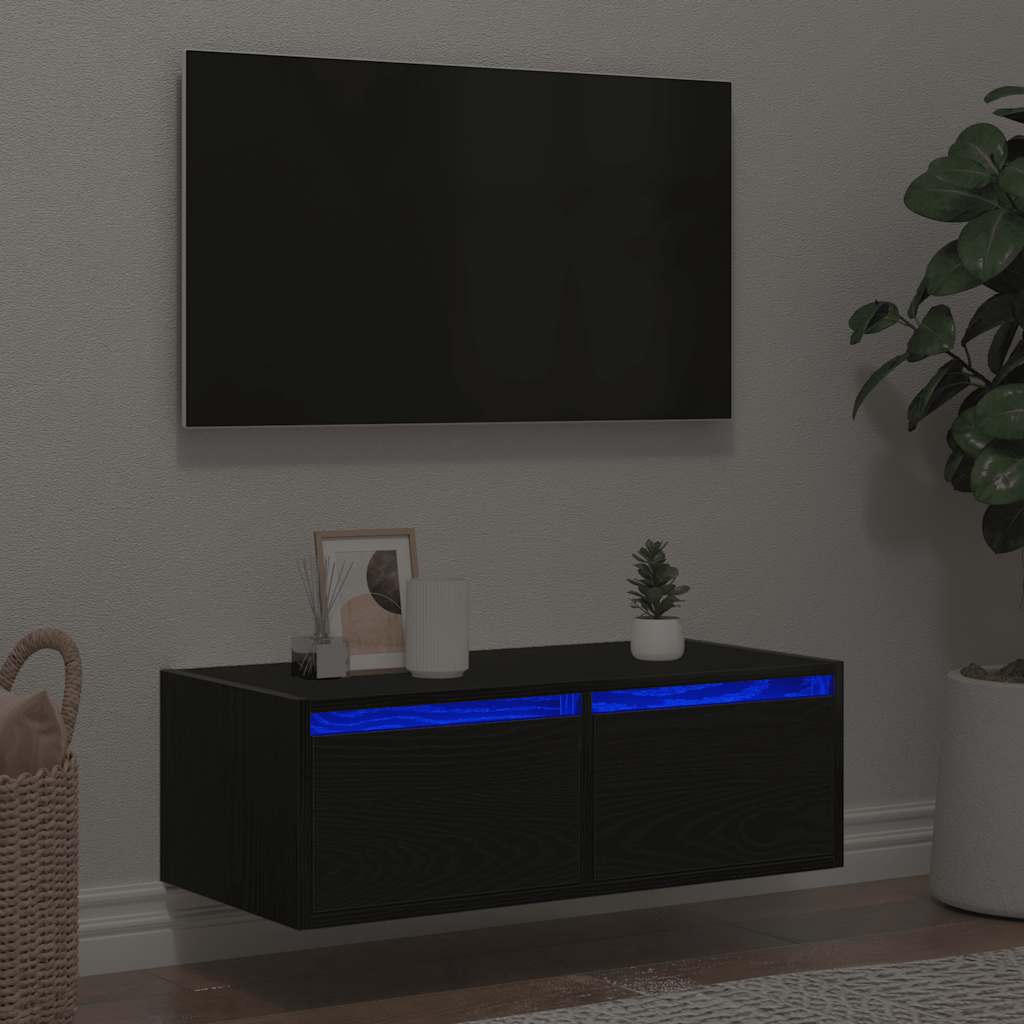 Dulap TV cu lumini LED Stejar negru 75x35,5x25 cm