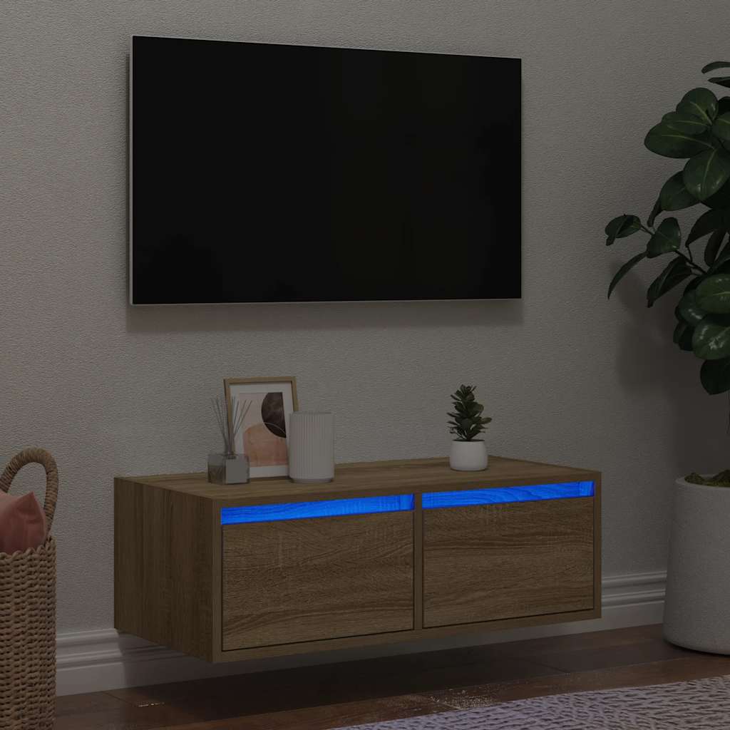 Comodă TV cu lumini LED, stejar sonoma, 75x35,5x25 cm