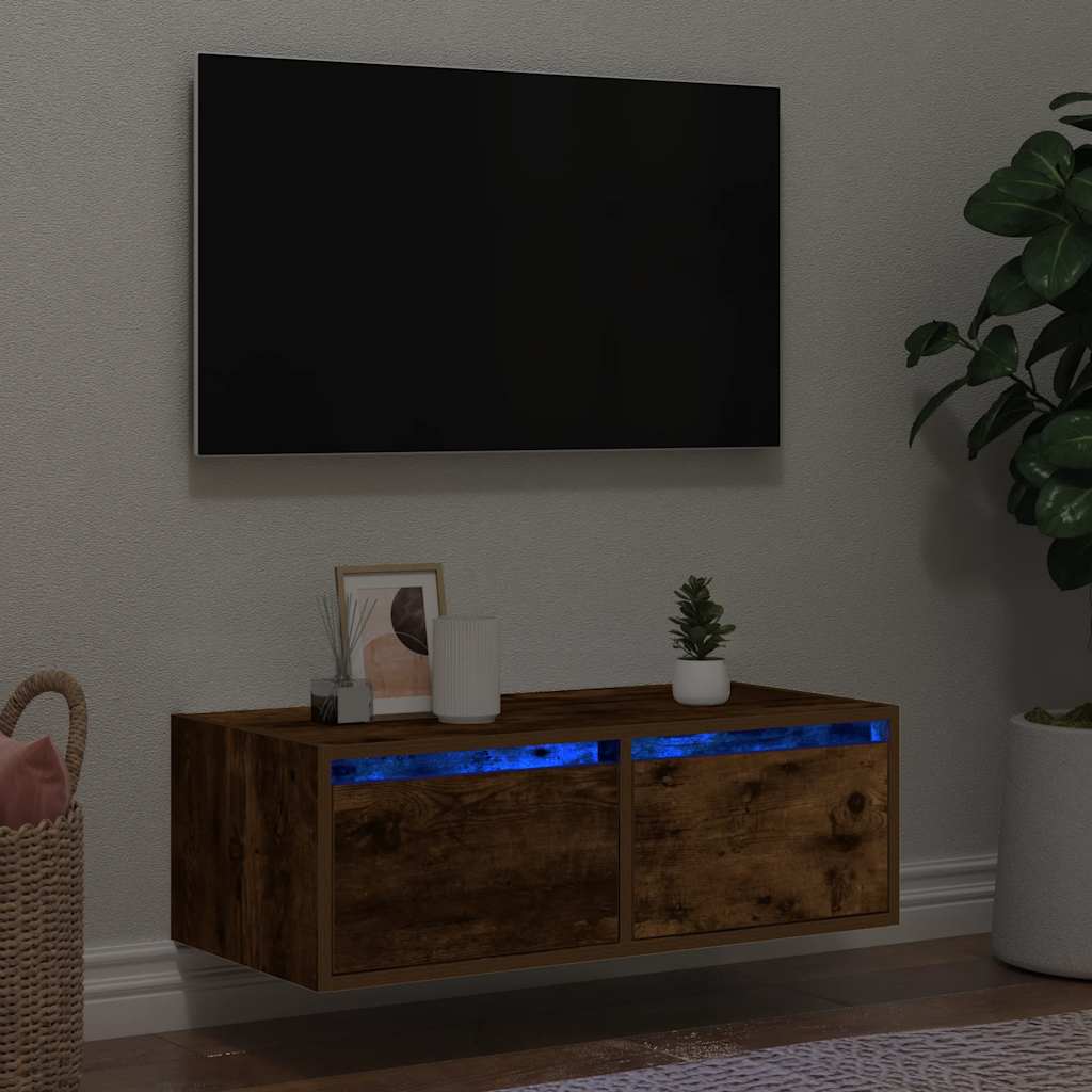 Comodă TV cu lumini LED, stejar fumuriu,75x35,5x25 cm