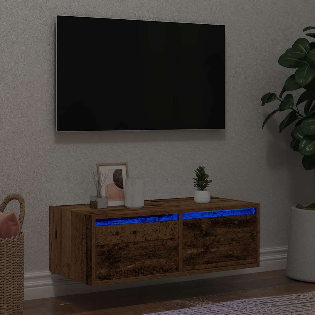 Comodă TV cu lumini LED, lemn vechi, 75x35,5x25 cm