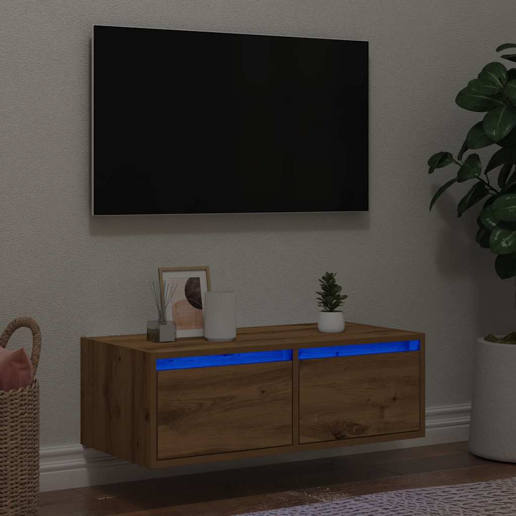 Comodă TV cu lumini LED, stejar artizanal, 75x35,5x25 cm