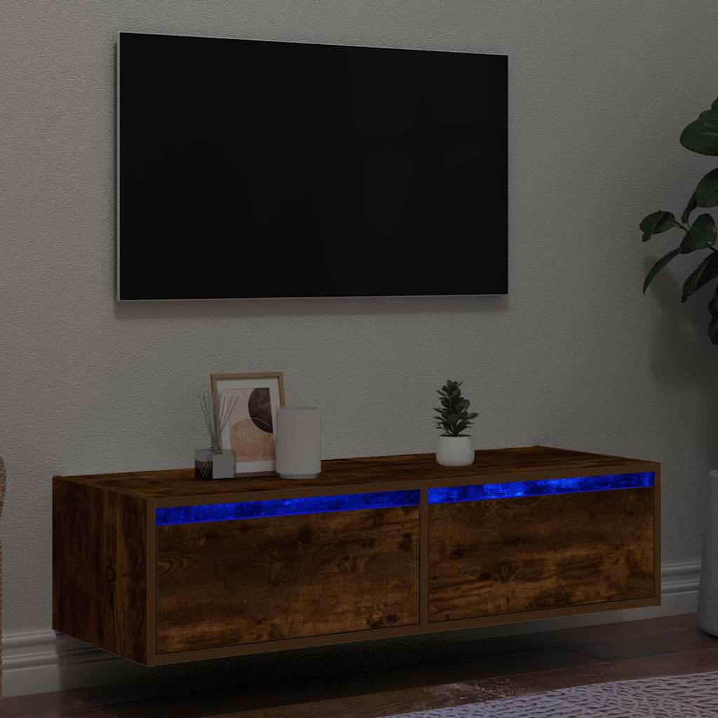 Comodă TV cu lumini LED, stejar fumuriu,100X35,5x25 cm