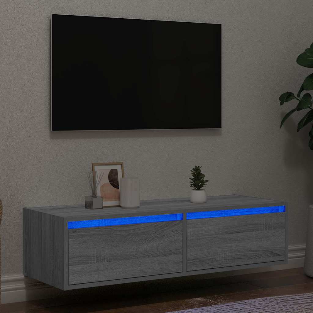 Comodă TV cu lumini LED, gri sonoma, 100X35,5x25 cm