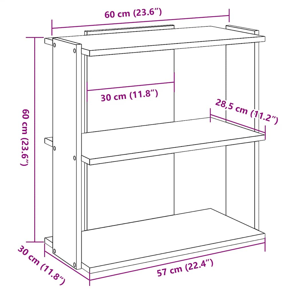 Bibliotecă cu 3 niveluri gri beton 60x30x60 cm lemn