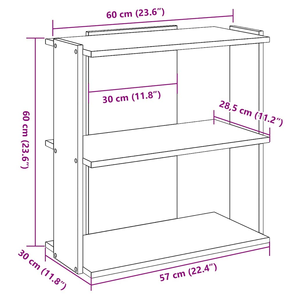 Bibliotecă 3 niveluri stejar fumuriu 60x30x60 cm lemn prelucrat