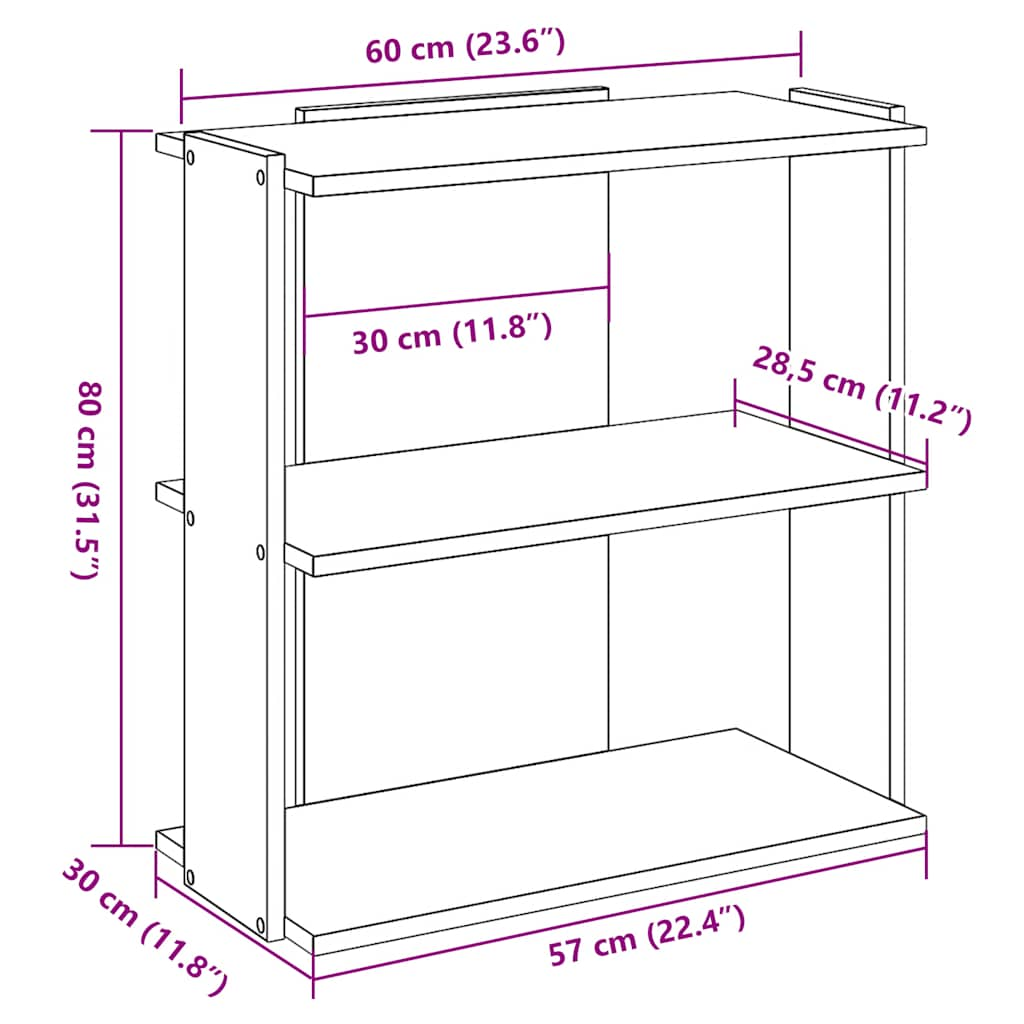 Bibliotecă cu 3 niveluri, gri beton, 60x30x80 cm lemn prelucrat