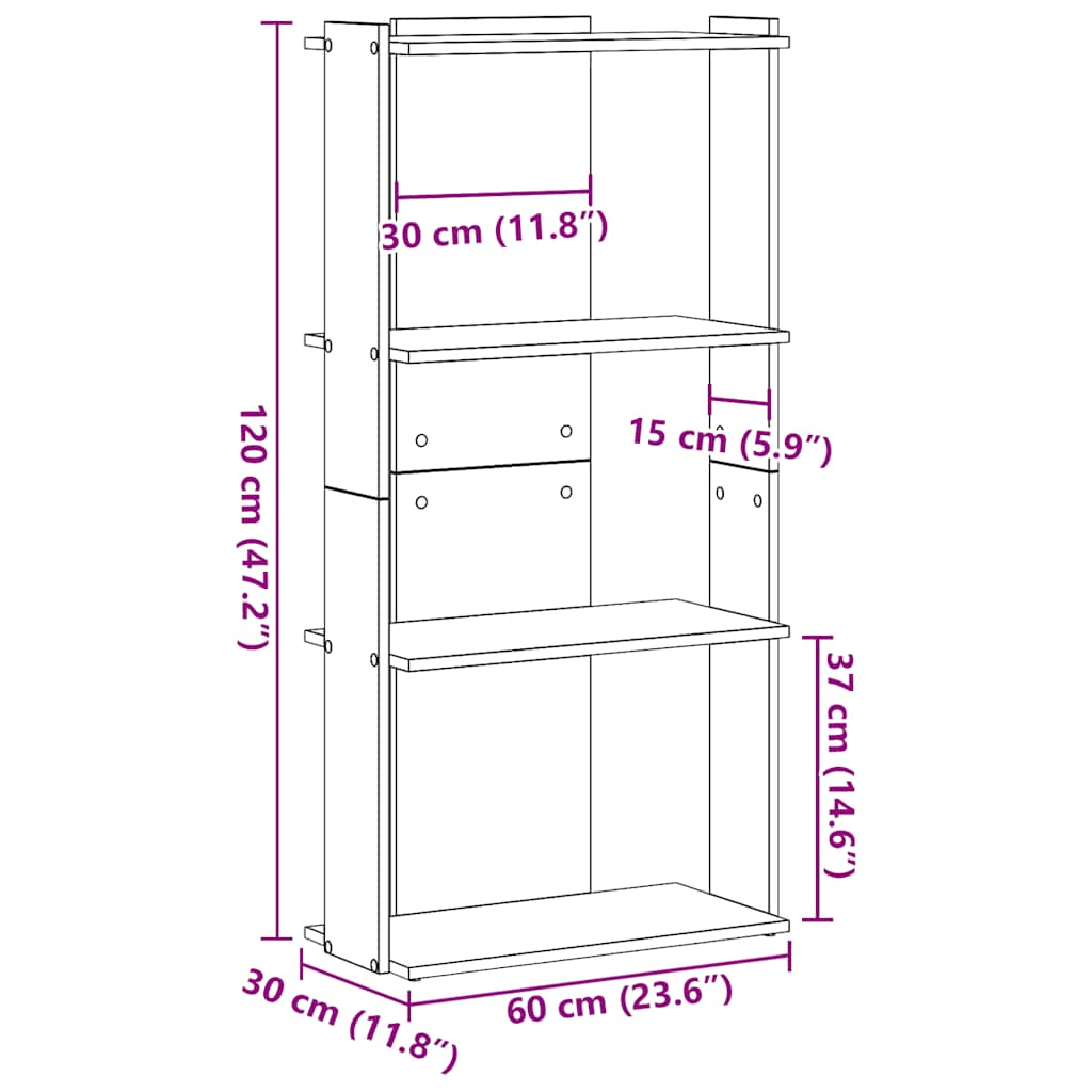 Bibliotecă cu 3 niveluri, negru, 60x30x120 cm, lemn prelucrat