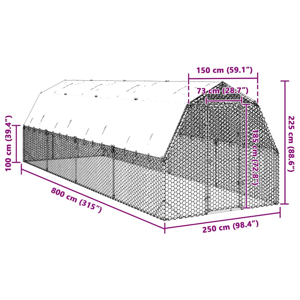 Pui de găină cu acoperiș 2,5x8x2,25 m oțel galvanizat