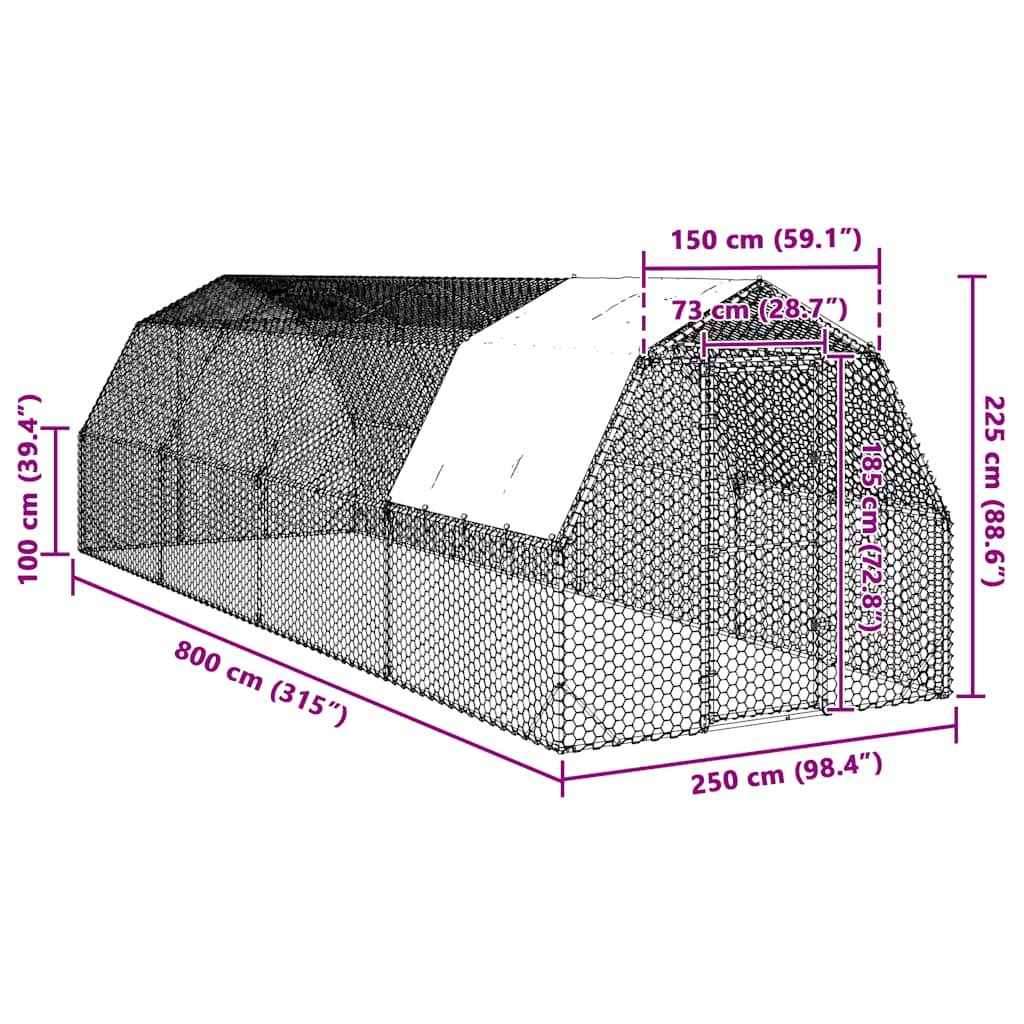 Pui de găină cu acoperiș 2,5x8x2,25 m oțel galvanizat