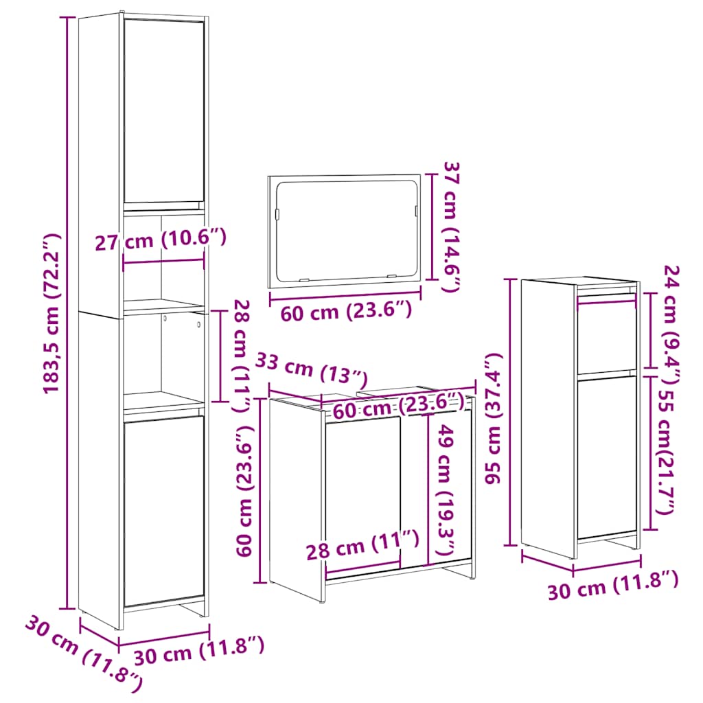 Set mobilier de baie, 4 piese, lemn vechi, lemn prelucrat