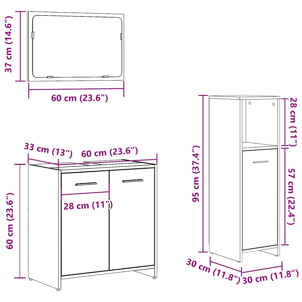 Set mobilier de baie, 3 piese, lemn vechi, lemn prelucrat