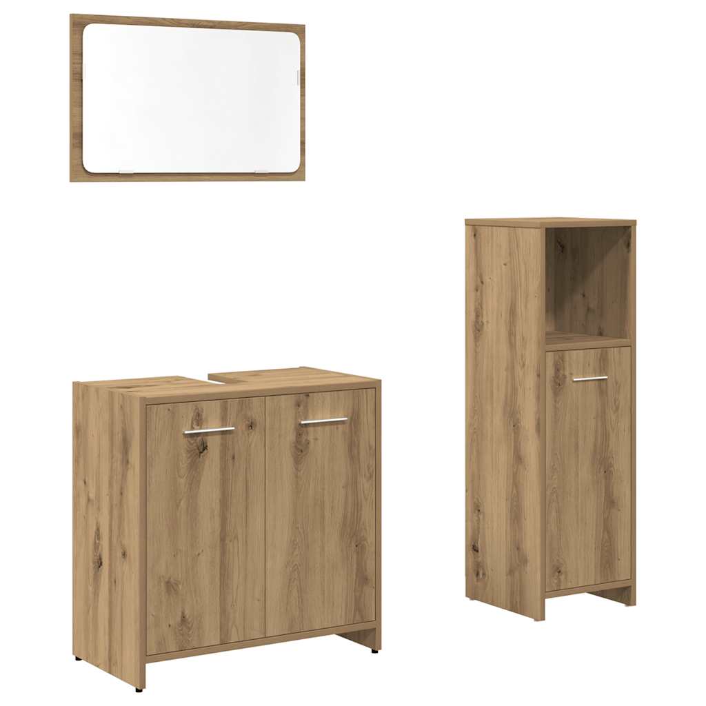 Set mobilier de baie, 3 piese, stejar artizanal, lemn prelucrat