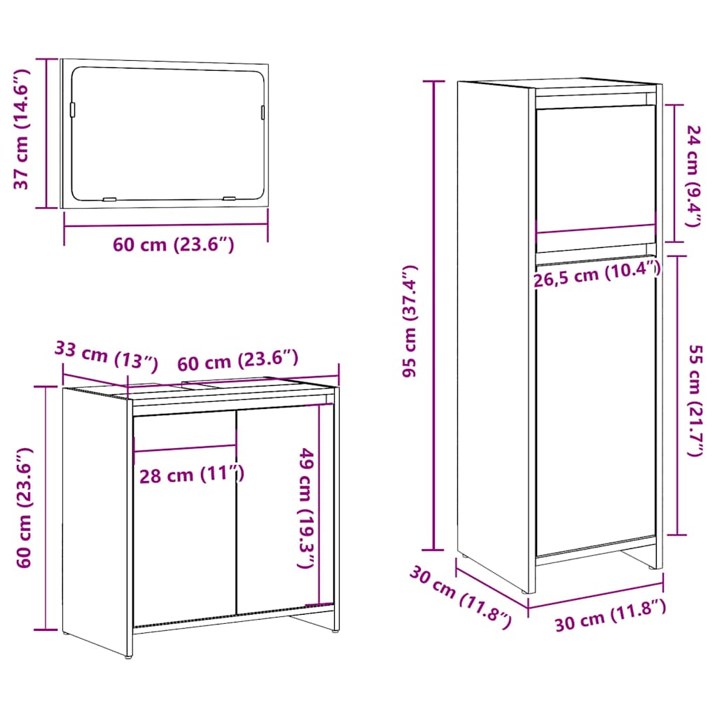 Set mobilier de baie, 3 piese, lemn vechi, lemn prelucrat