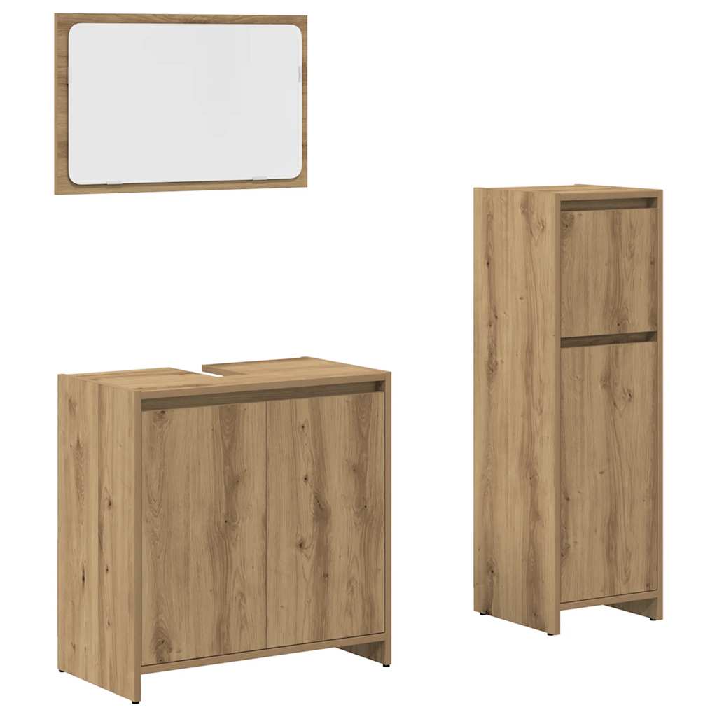 Set mobilier de baie, 3 piese, stejar artizanal, lemn prelucrat