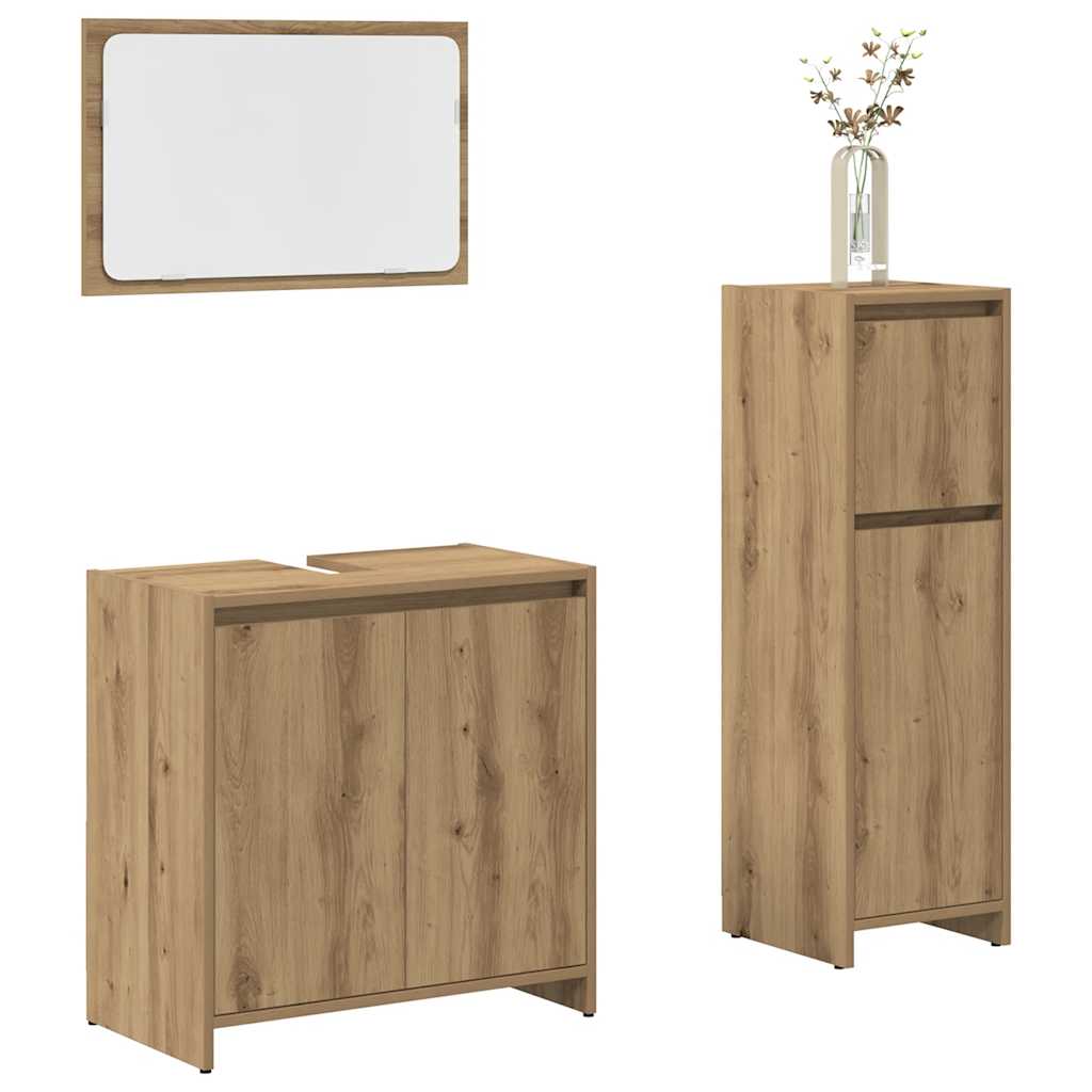 Set mobilier de baie, 3 piese, stejar artizanal, lemn prelucrat