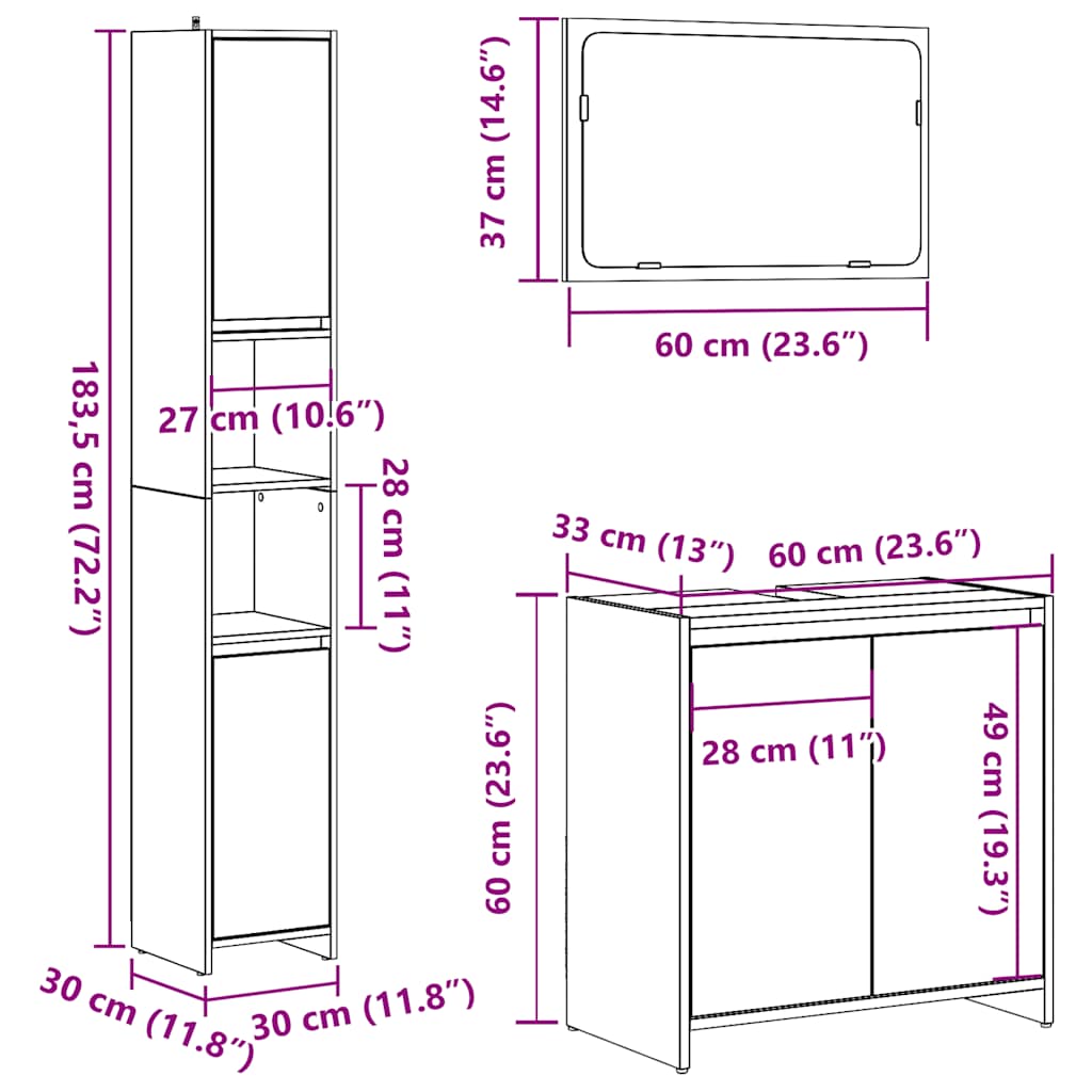 Set mobilier de baie, 3 piese, lemn vechi, lemn prelucrat