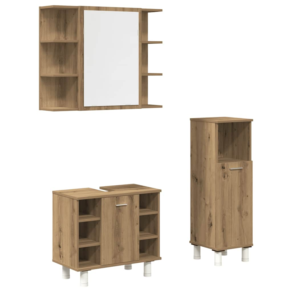 Set mobilier de baie, 3 piese, stejar artizanal, lemn prelucrat