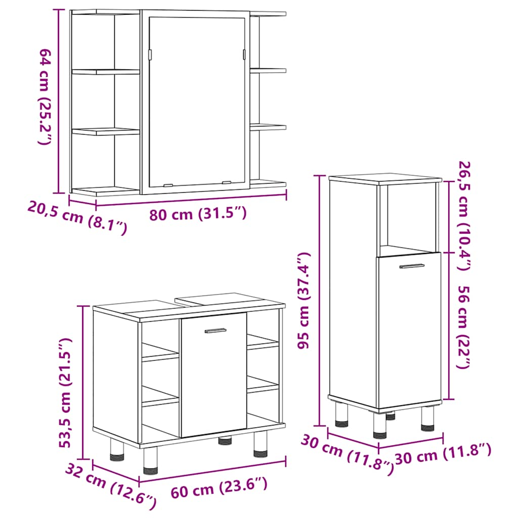 Set mobilier de baie, 3 piese, stejar artizanal, lemn prelucrat