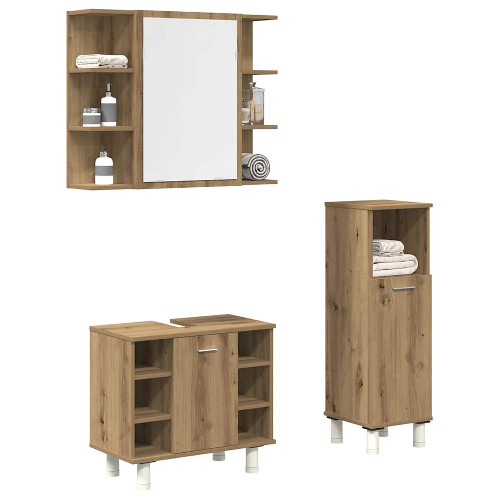 Set mobilier de baie, 3 piese, stejar artizanal, lemn prelucrat