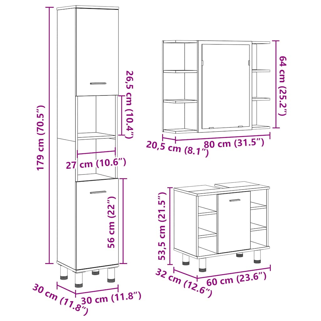 Set mobilier de baie, 3 piese, stejar artizanal, lemn prelucrat