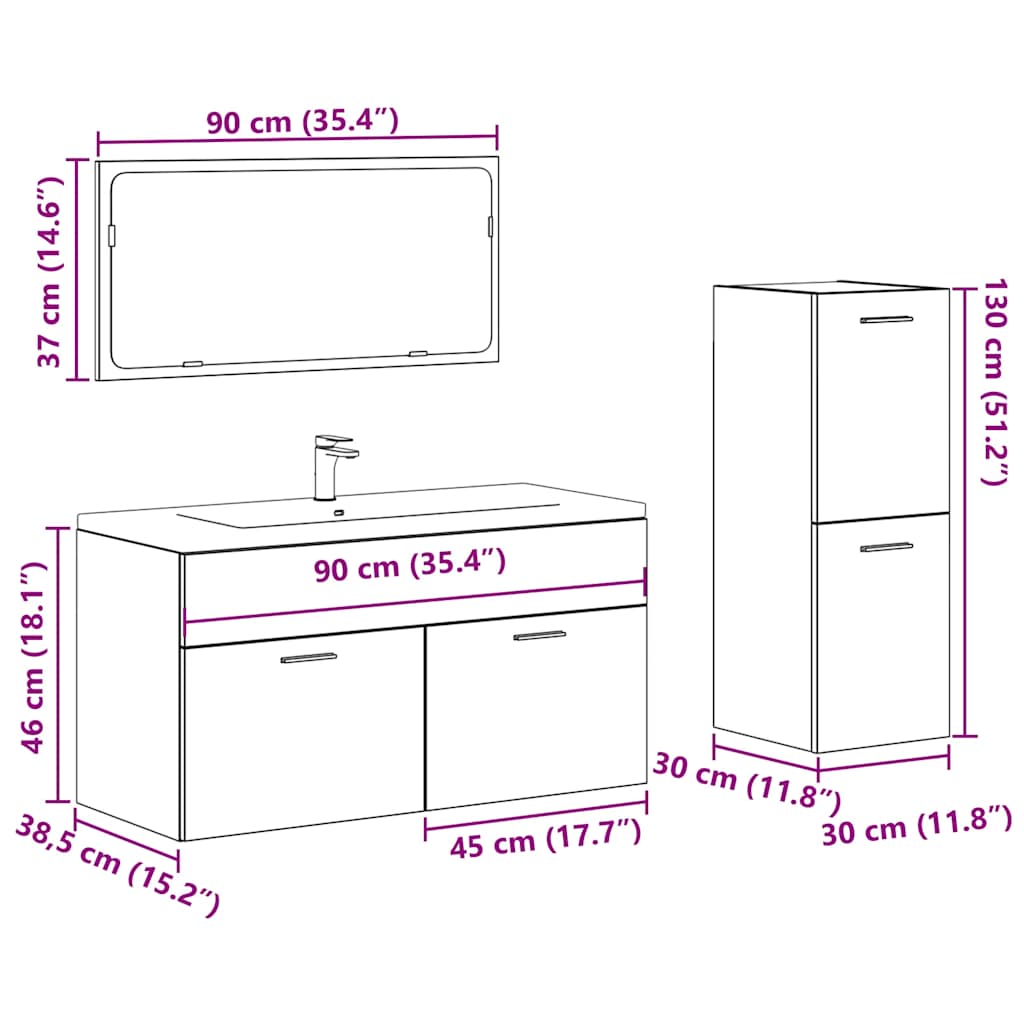 Set mobilier de baie, 3 piese, lemn vechi, lemn prelucrat